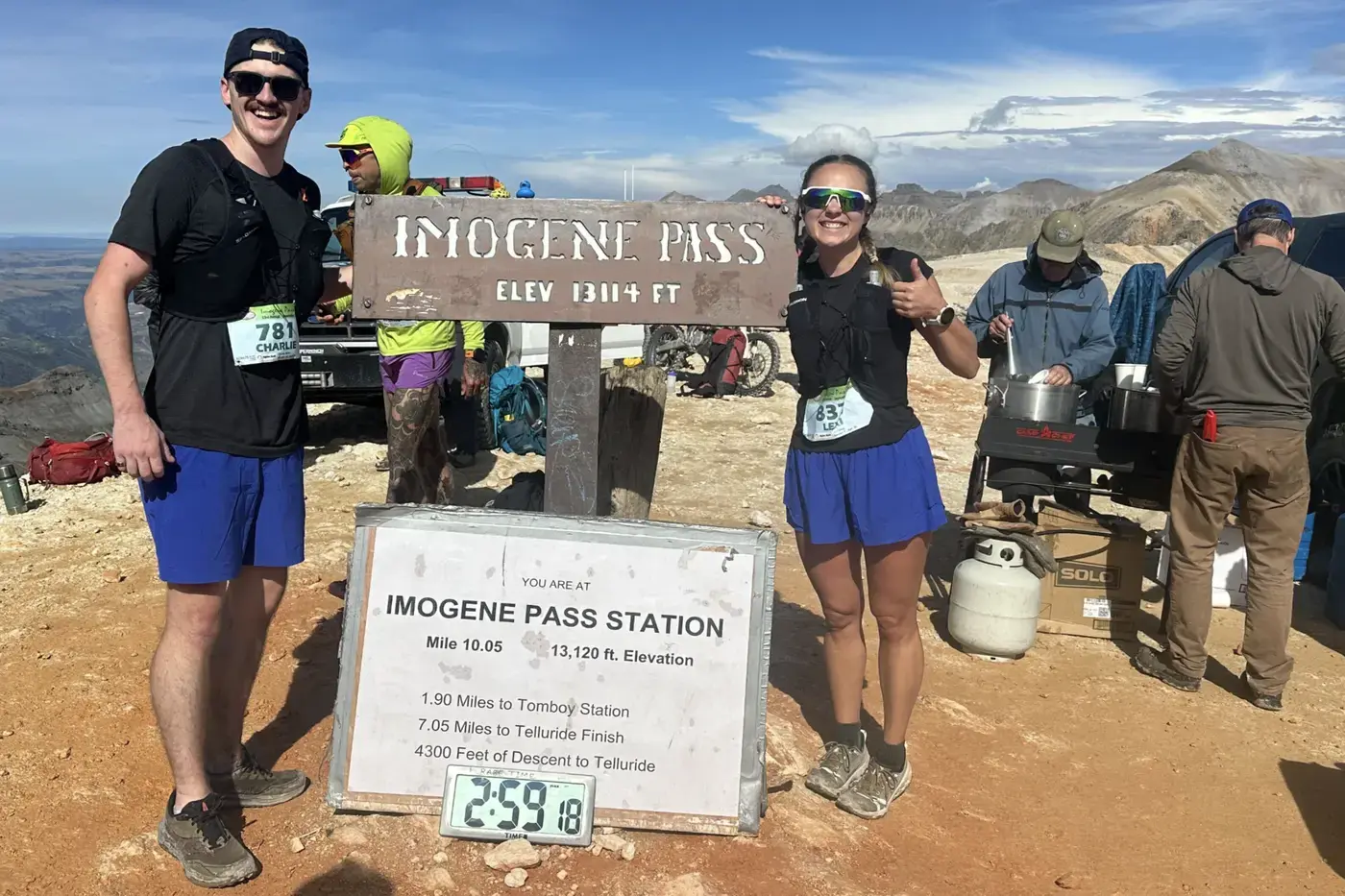 Dos del equipo con número de corredor junto al letrero de Imogene Pass, uno con el pulgar arriba.