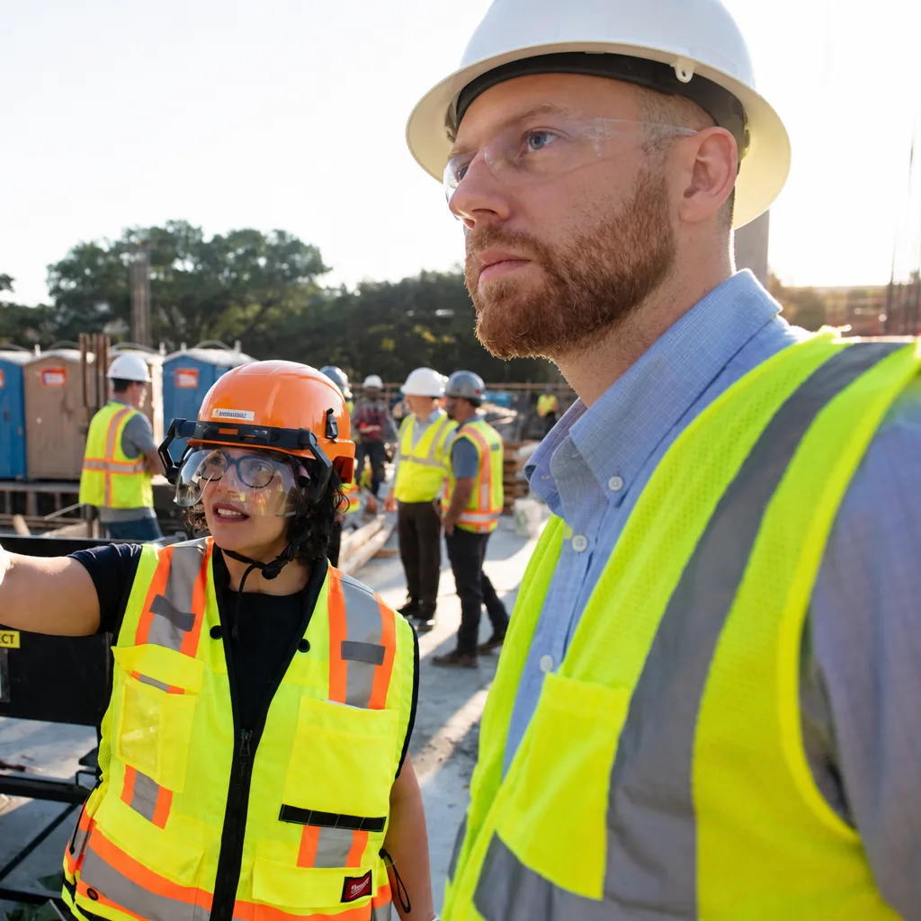 Two people in hard hats and safety vests on a job site, one pointing across the deck.